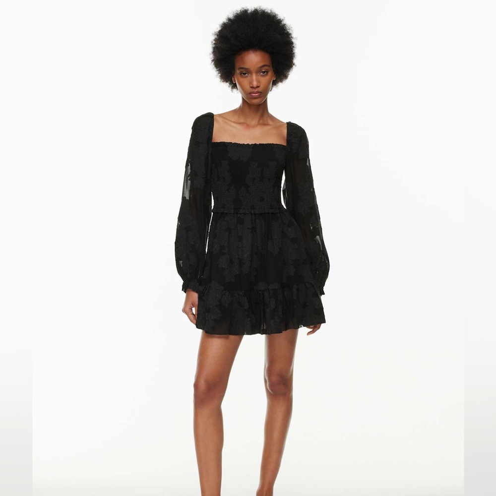 Wilfred Tempest Dress Black Floral Smocked Mini Medium Square Neck Puff Sleeve